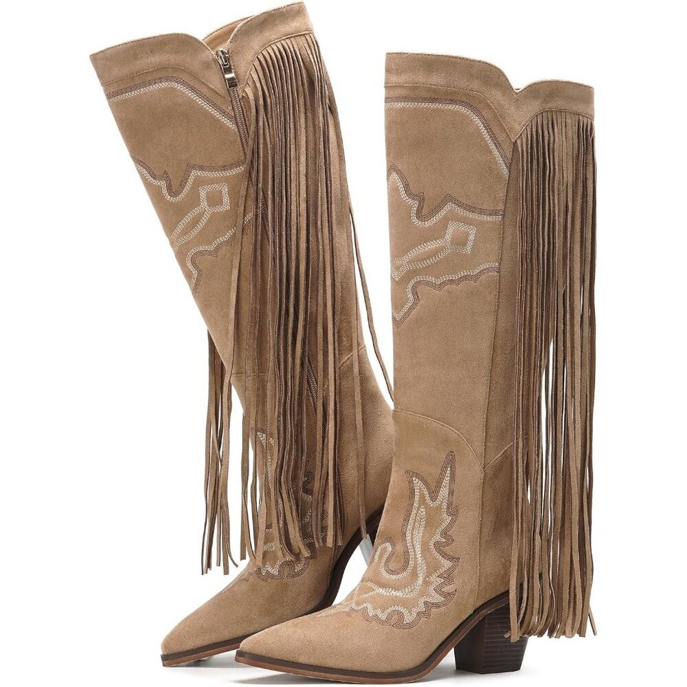 Women's Khaki Cowgirl Boots Knee High Fringe Western Tassel  Embroidered